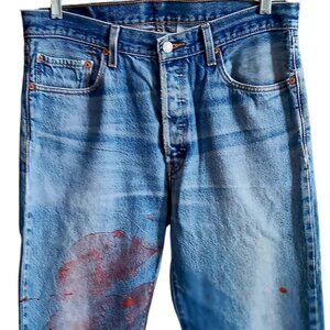 Vintage Levis 501XX Jeans 35x34 Mens Distressed Red Paint Splatter Denim Y2K